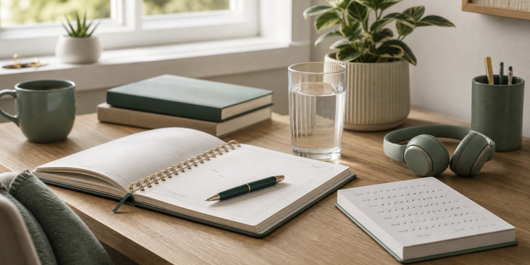 A calm planning desk suggesting ADHD support, structure, and safer coping