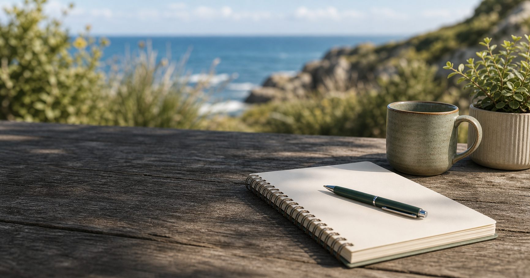 A notebook in a calm coastal setting representing practical planning, money boundaries and CBT strategies for compulsive spending
