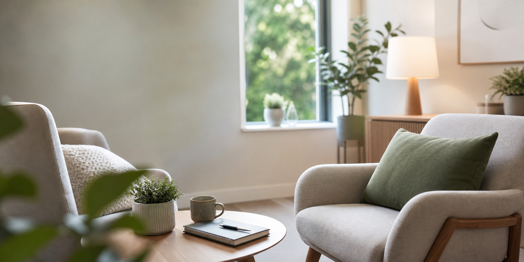 A calm therapy room setting for structured online CBT and counselling